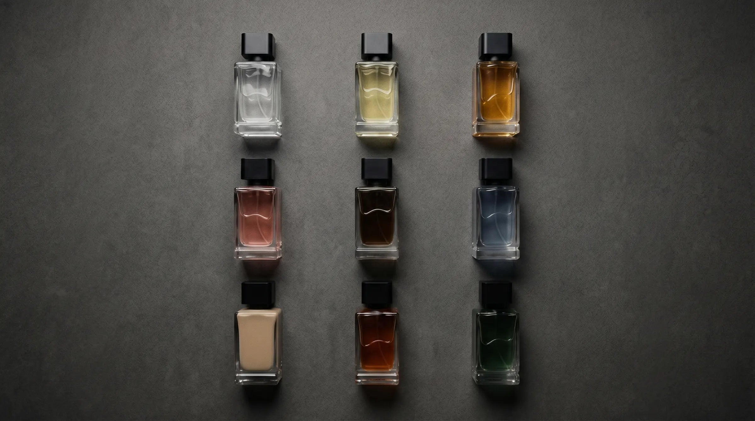Top-down grid of all bottles on charcoal